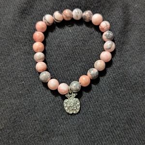Pink and Gray Leopard Jasper Gemstone Beaded Apple Charm Bracelet